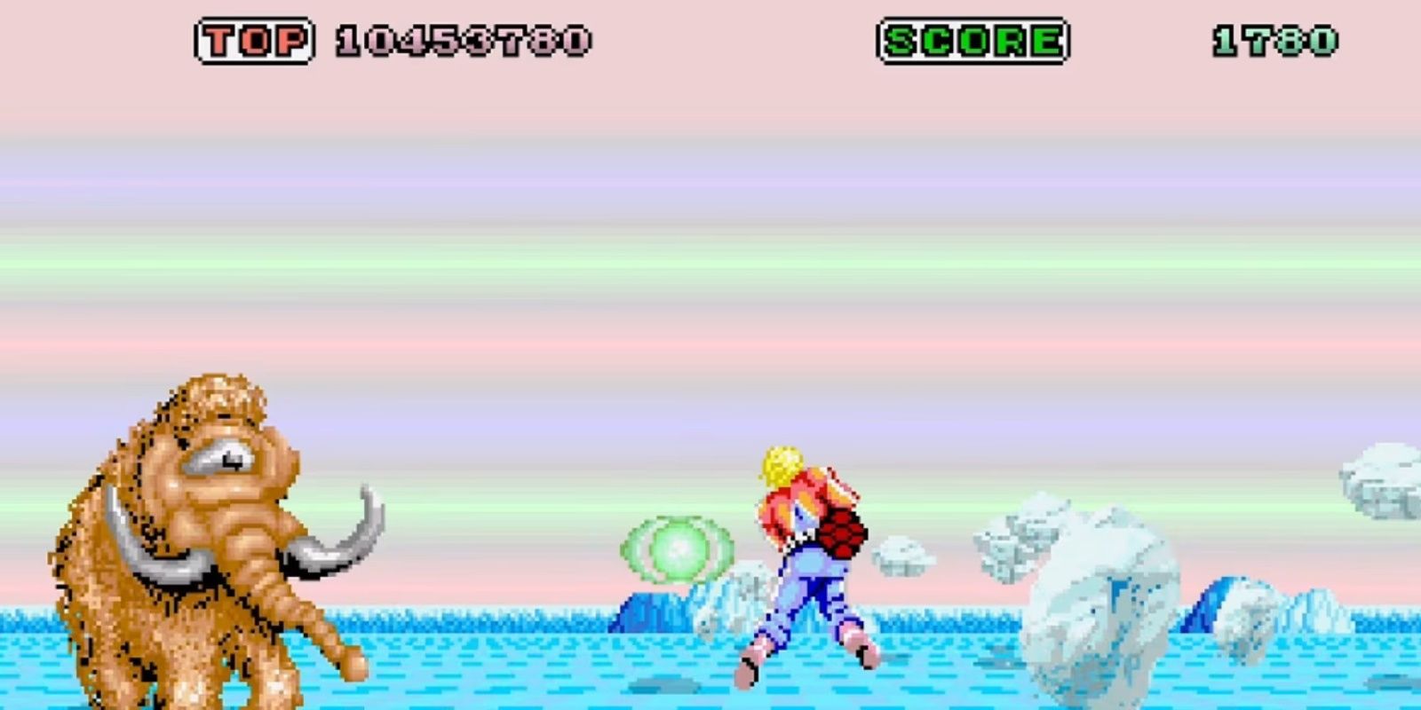 main character from space harrier flying through a level