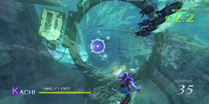 a character from sin and punishment 2 riding through a level shooting