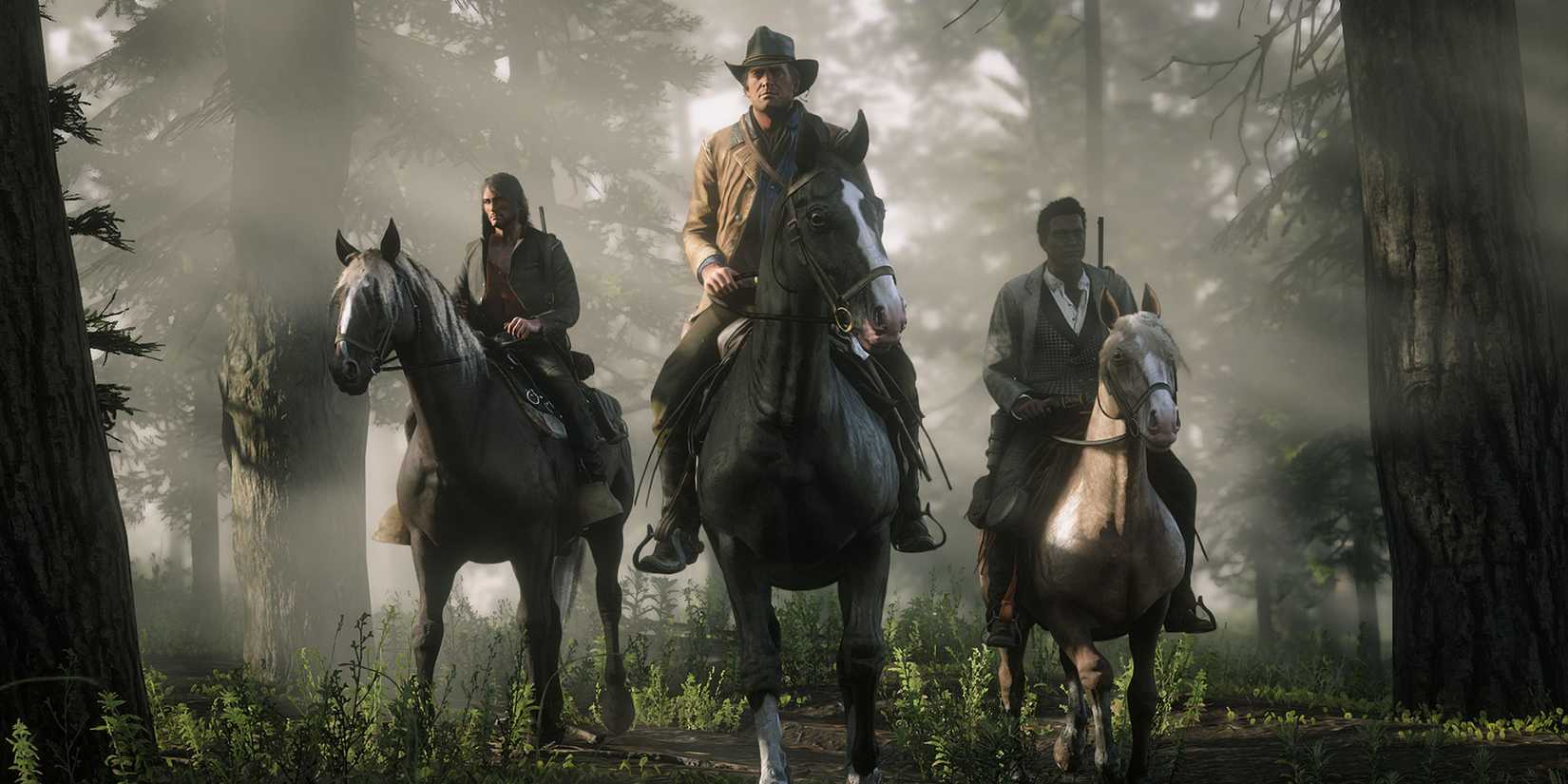 Arthur and his companions on horseback in Red Dead Redemption 2