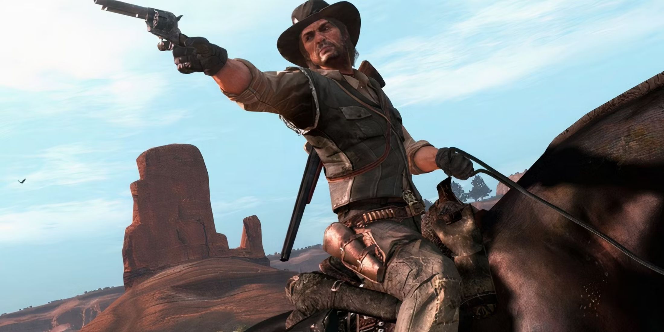 John Marston on horseback aiming a gun in Red Dead Redemption