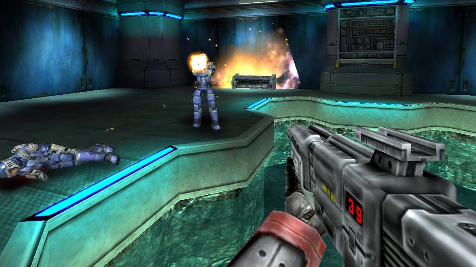 aiming an assault rifle at an ultor soldier