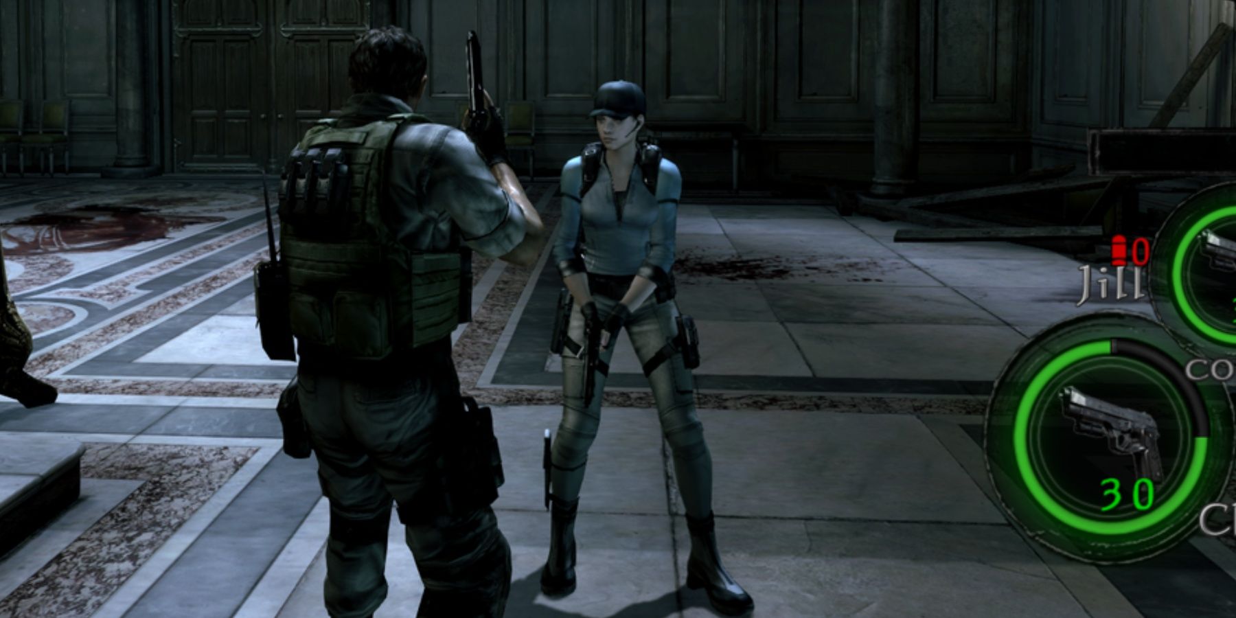 Chris and Jill standing in the foyer of a mansion in Resident Evil 5 