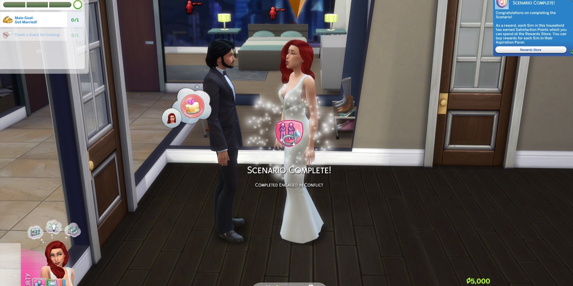 The Sims 4 character called off the wedding to complete the Engaged In Conflict scenario and received 5,000 Satisfaction Points.