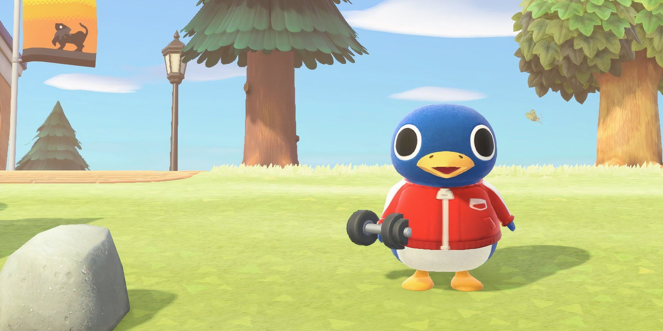 Roald from Animal Crossing New Horizons holding a dumbbell