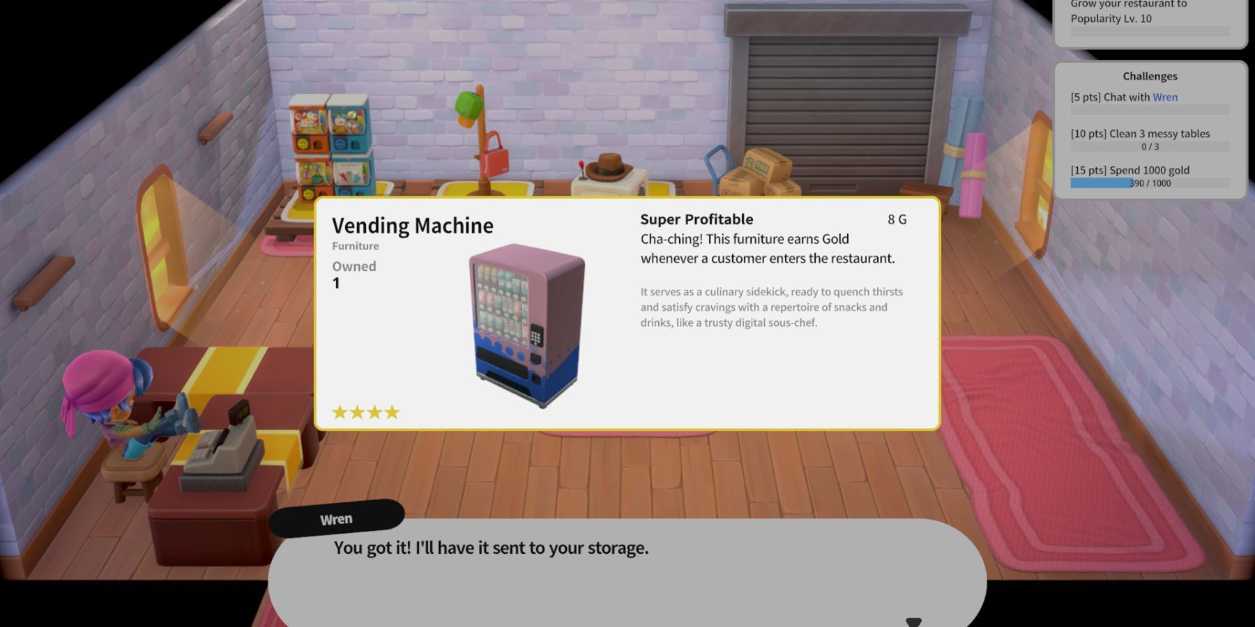 Rolling Hills: Make Sushi, Make Friends shopping for a vending machine furniture item