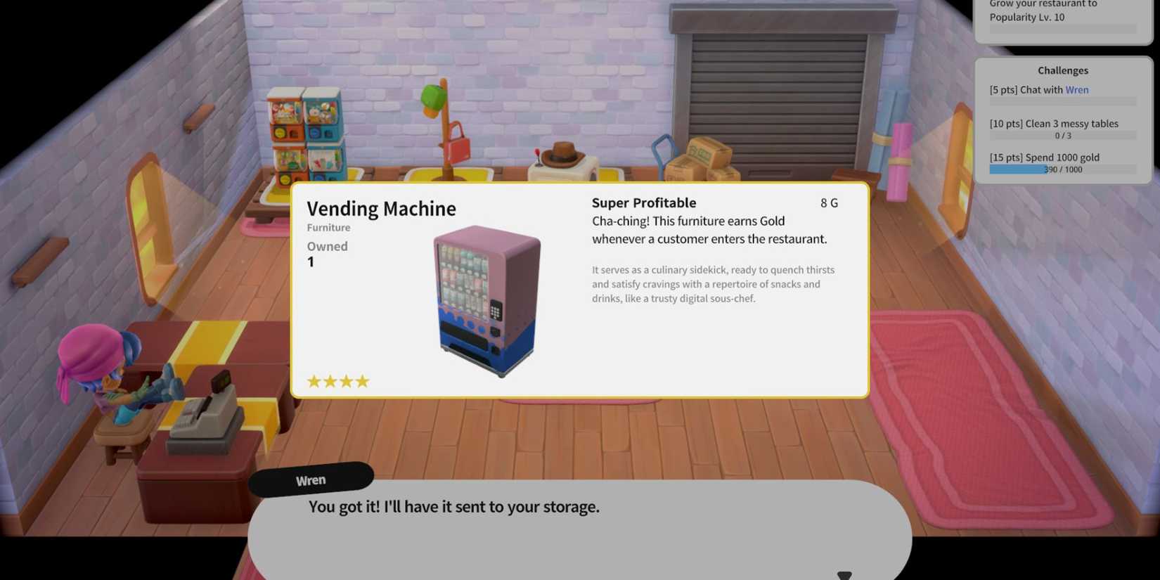 Rolling Hills: Make Sushi, Make Friends shopping for a vending machine furniture item