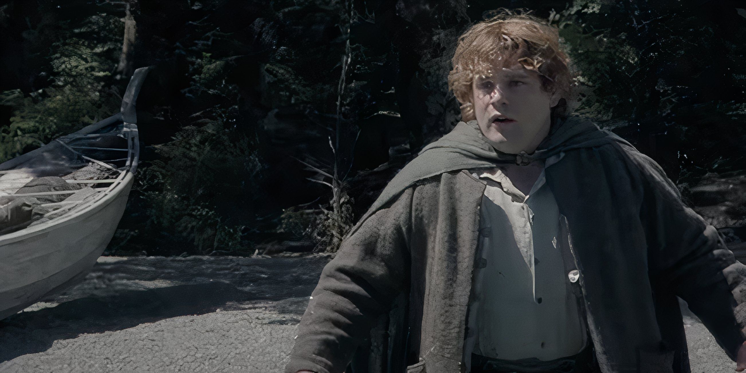Sam stands on the riverbank in The Lord of the Rings: The Fellowship of the Ring