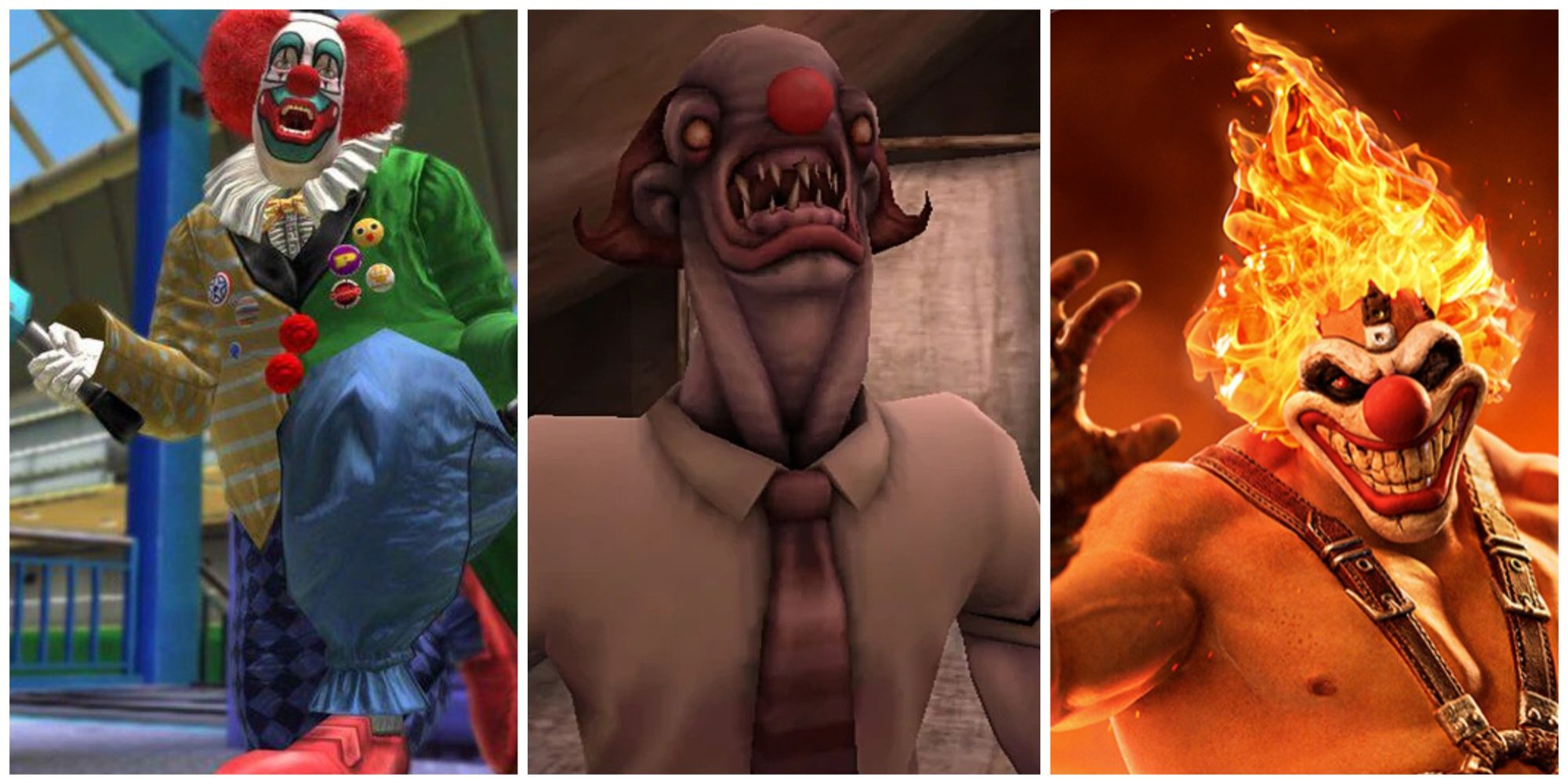 Split image of Adam Dead Rising, Mr. Giggles, and Sweeth Tooth scary clowns in gaming