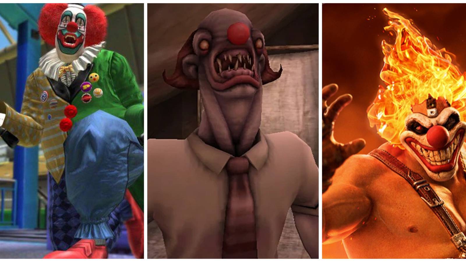 Split image of Adam Dead Rising, Mr. Giggles, and Sweeth Tooth scary clowns in gaming