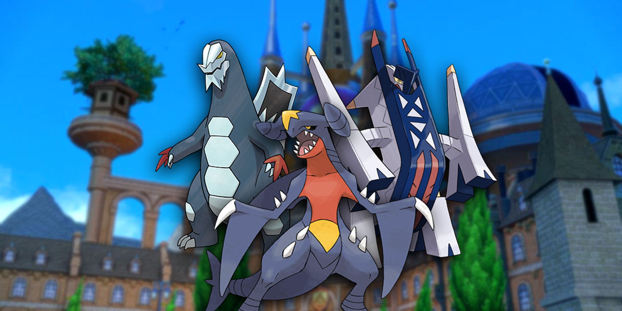 Garchomp, Baxcalibur, and Archaludon in the courtyard of Paldea Pokemon Academy