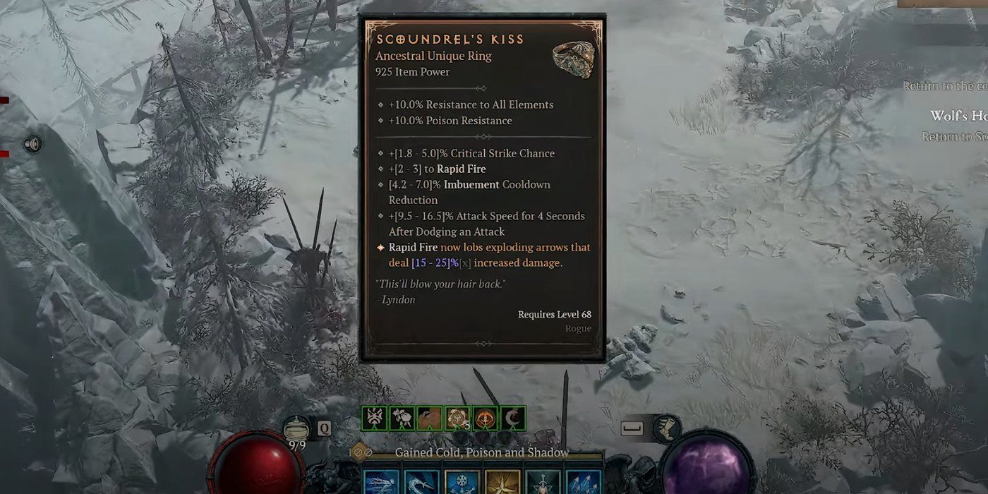 Scoundrels Kiss item stats with winter backdrop Diablo 4