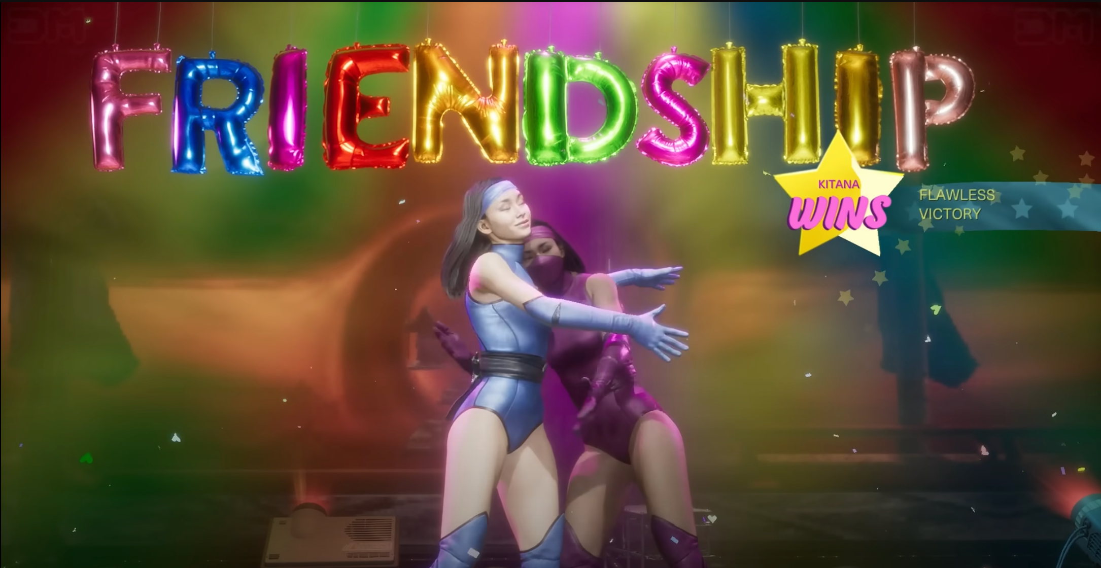 Kitana's Friendship in Mortal Kombat 11: Shown Hugging Mileena, her clone/adoptive sister