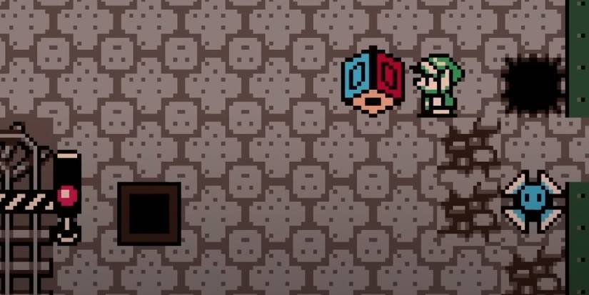 Link rolling a dice with a robot enemy beneath him 