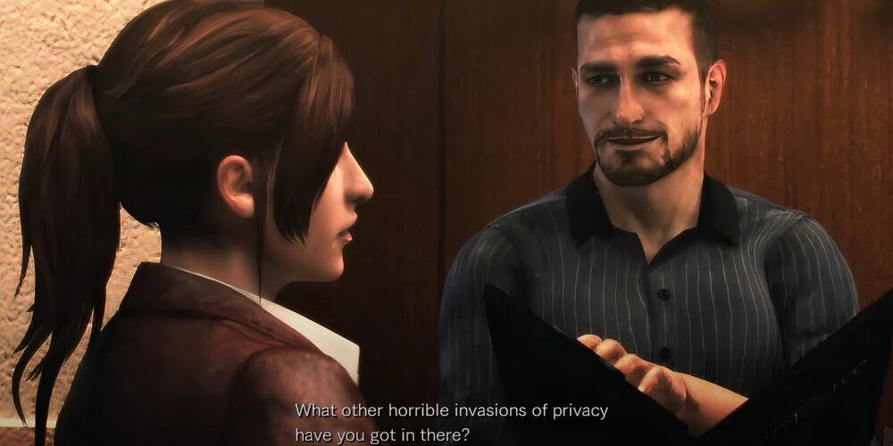Claire asking Neil what other invasions of privacy he keeps in his book in Resident Evil Revelations 2