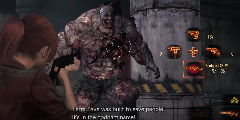 Claire aiming a shotgun at Neil in his mutated form in Resident Evil Revelations 2