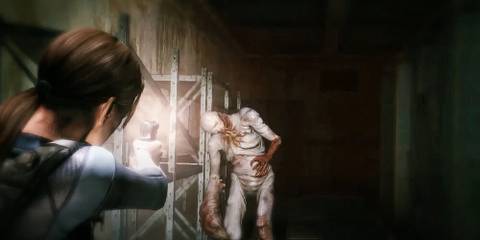 Jill shooting a handgun at an Ooze monster 