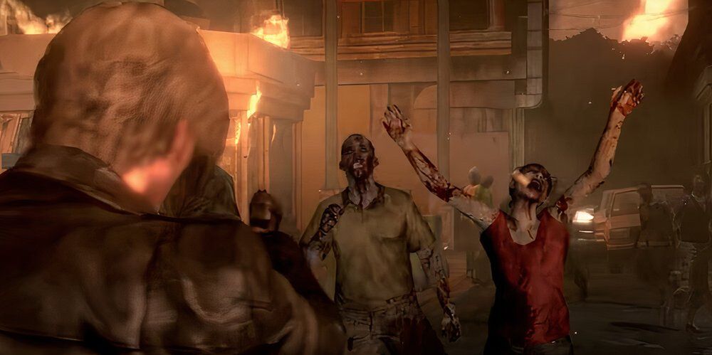 Leon firing a handgun at a male and female zombie in a street 