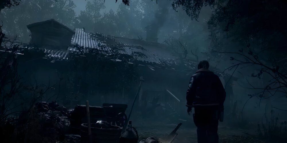 Leon approaching a small cabin in the woods 