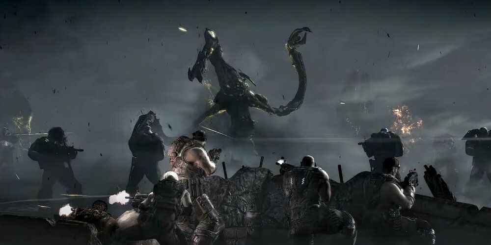 Delta Squad in a firefight with Locust and Lambent in Gears of War 3