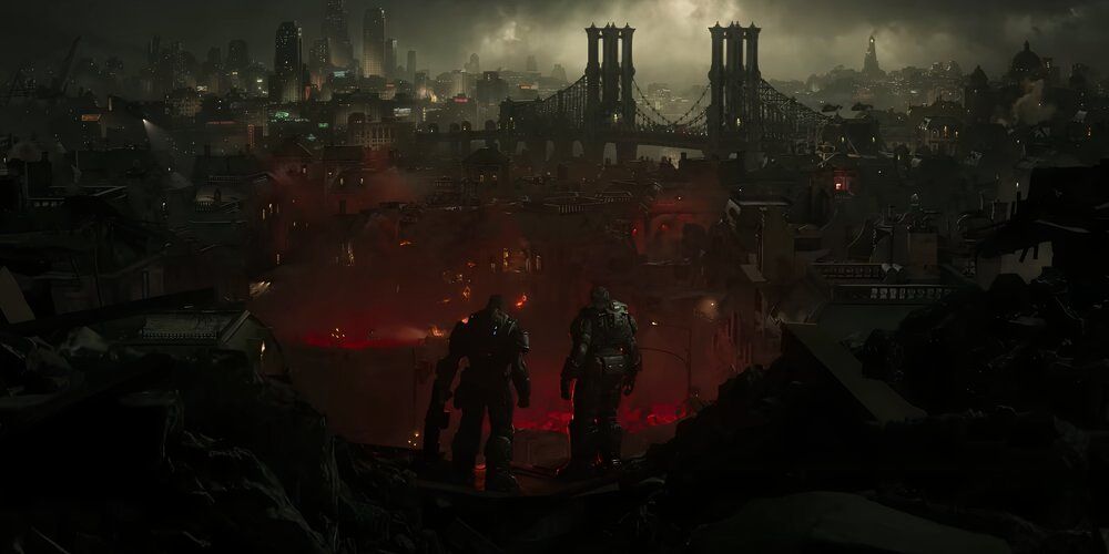 Marcus and Dom looking out at a destroyed city in Gears of War E-Day