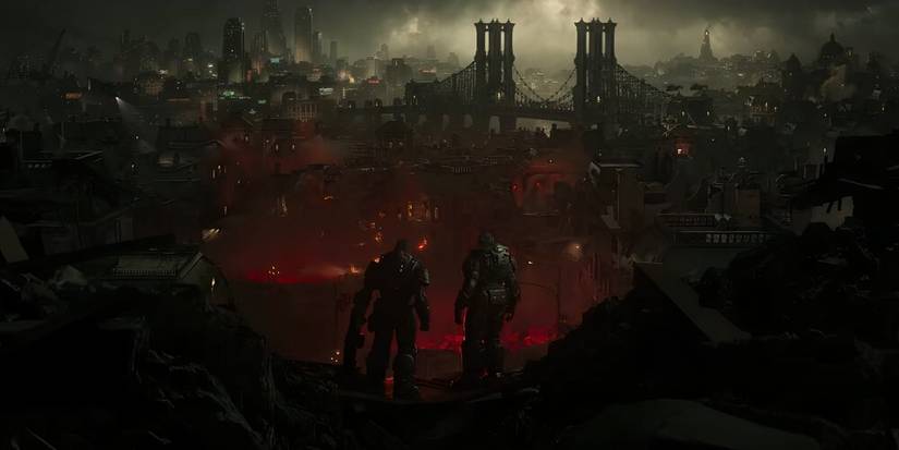 Marcus and Dom looking out at a destroyed city in Gears of War E-Day