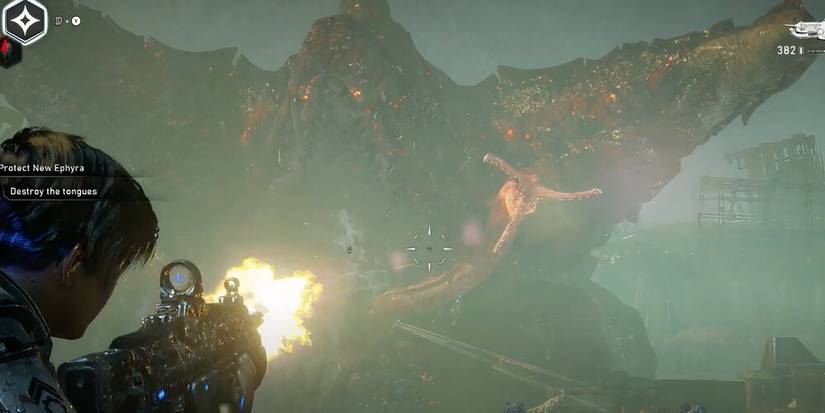 Kate shooting a Lancer at the tongue of the kraken enemy 