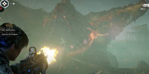 Kate shooting a Lancer at the tongue of the kraken enemy 