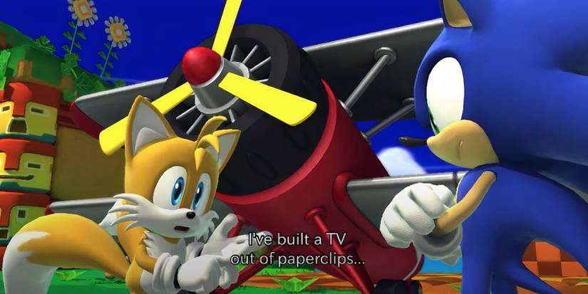 Tails talking to Sonic about when he built a tv out of paperclips