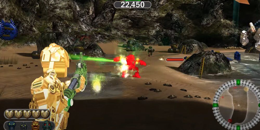 Golden Bionicle firing a rifle at a red Bionicle 