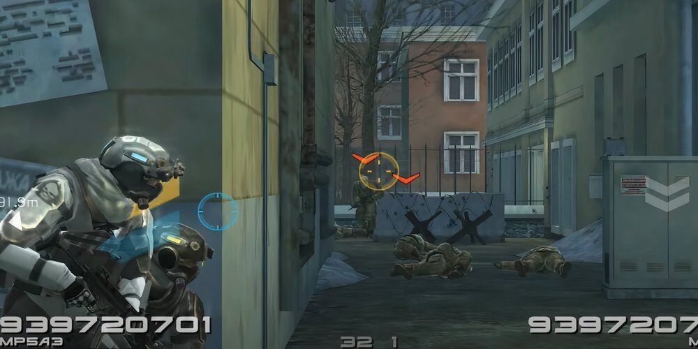 Two soldiers hiding behind cover and aiming crosshairs at enemies behind cover 