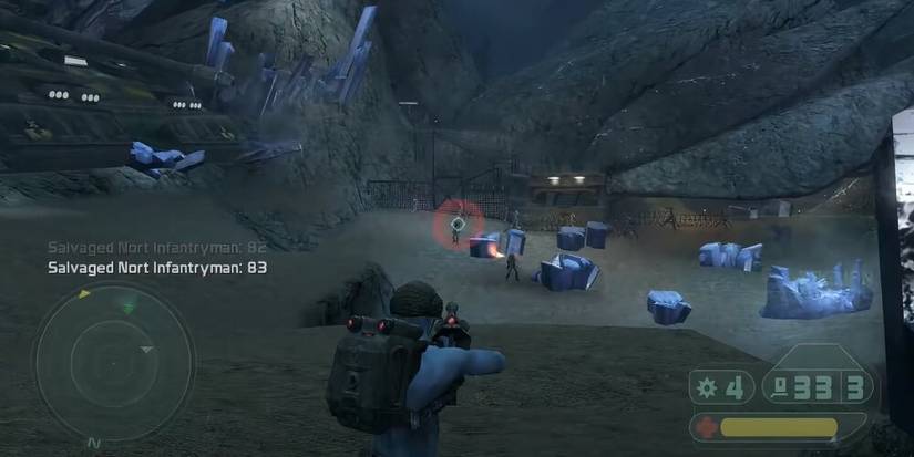 Rogue shooting a rifle at enemies hiding behind cover on a battlefield 