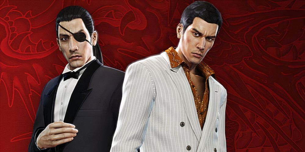 Majim and Kiryu standing back-to-back in front of a red background 