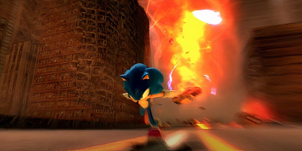 Sonic running from a fire tornado in the background 