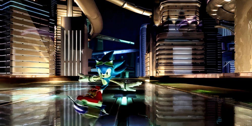 Sonic racing on an air board in a futuristic city 