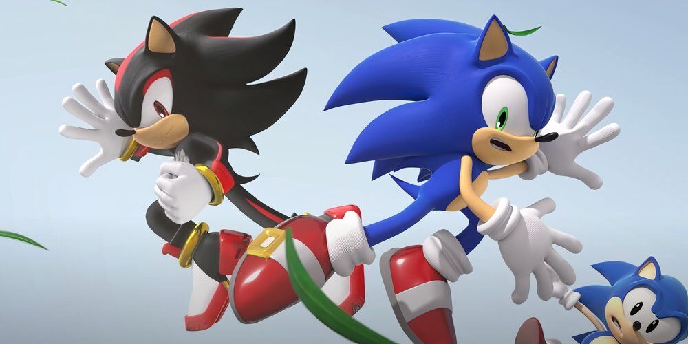 Shadow and Sonic crossing each other In the air with a scared classic sonic in the background 