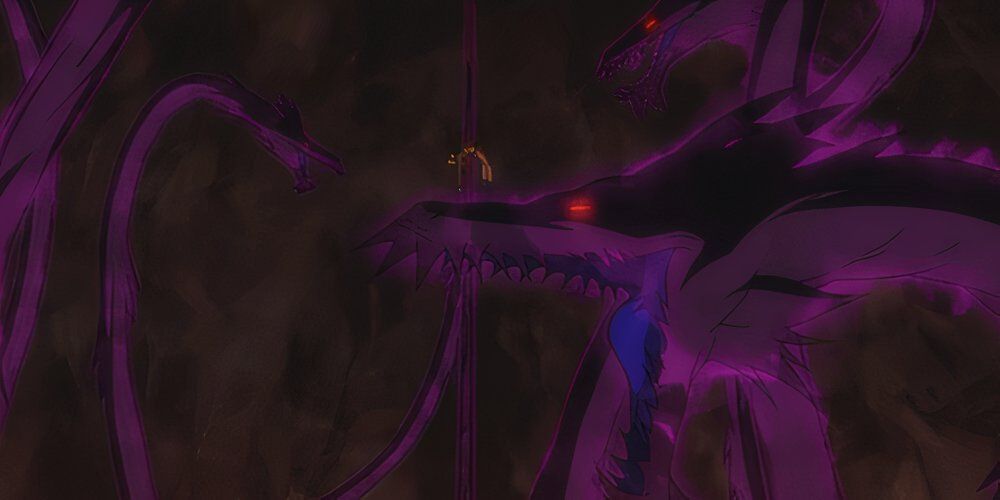 Moryo as a large purple dragon skewering Naruto 