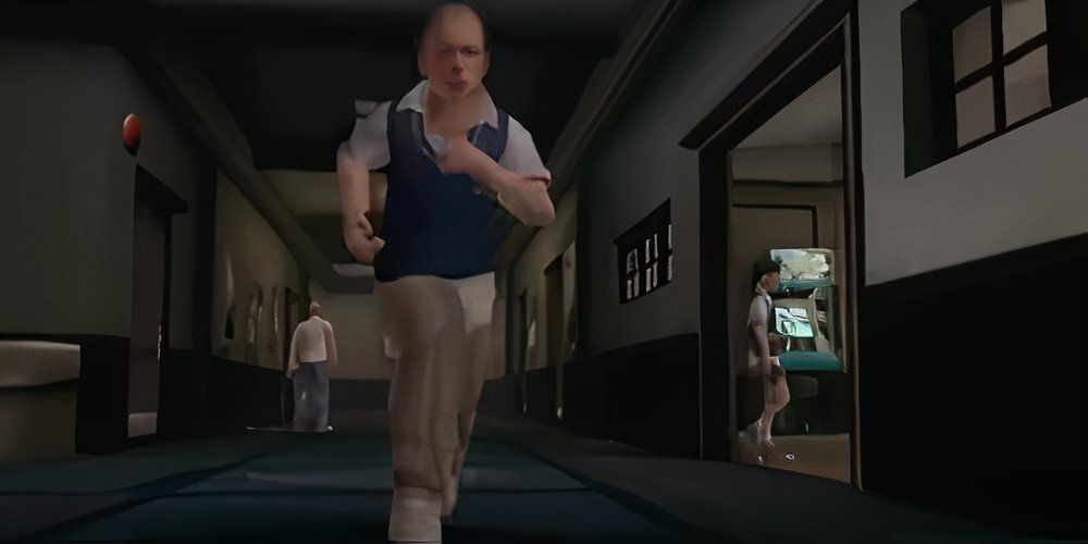 Bully protagonist running through a school with students in the background 