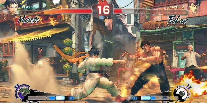 Makoto punching Fei Long in a busy street 