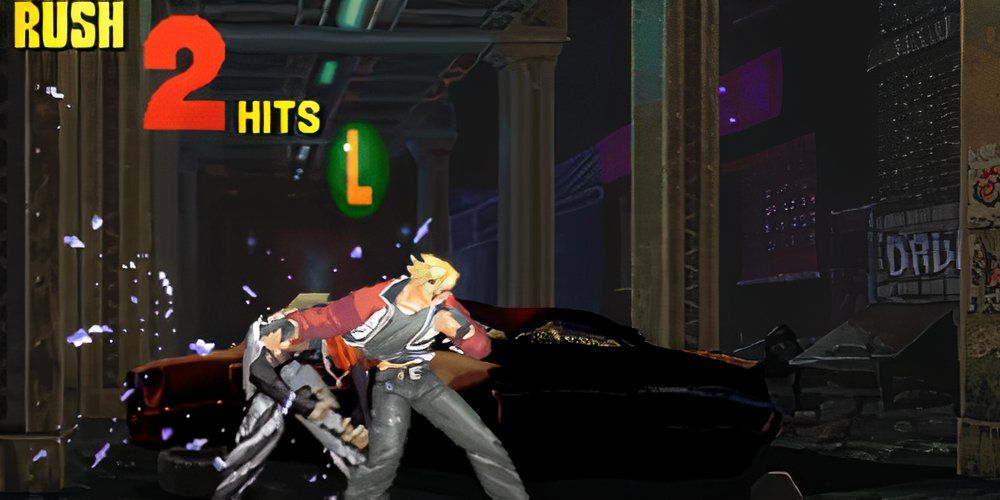 Man in a red jacket punching an enemy with a L item dropping from the sky 