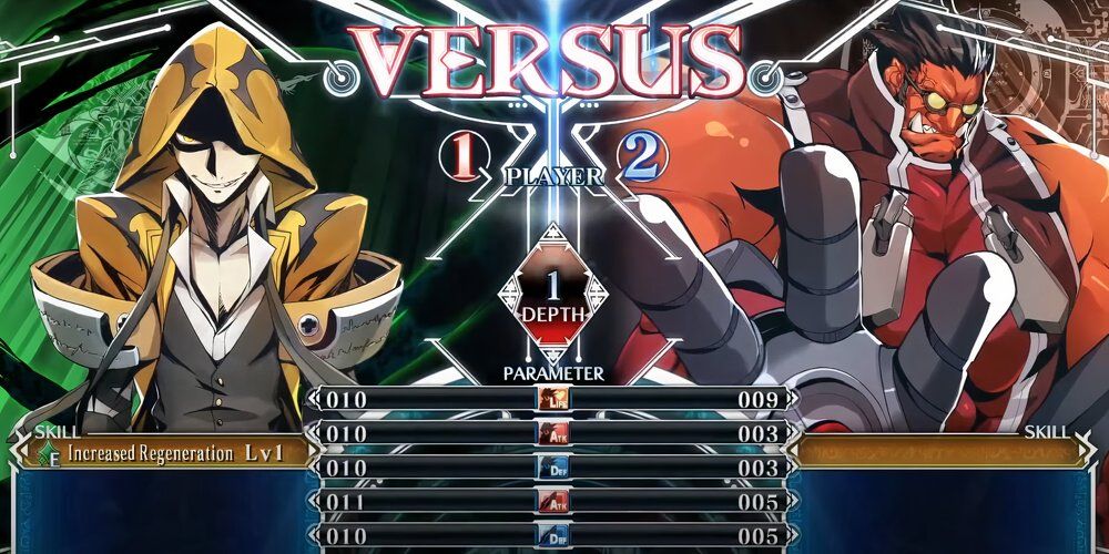 Two characters on a character battle screen in BlazBlue Centralfication 