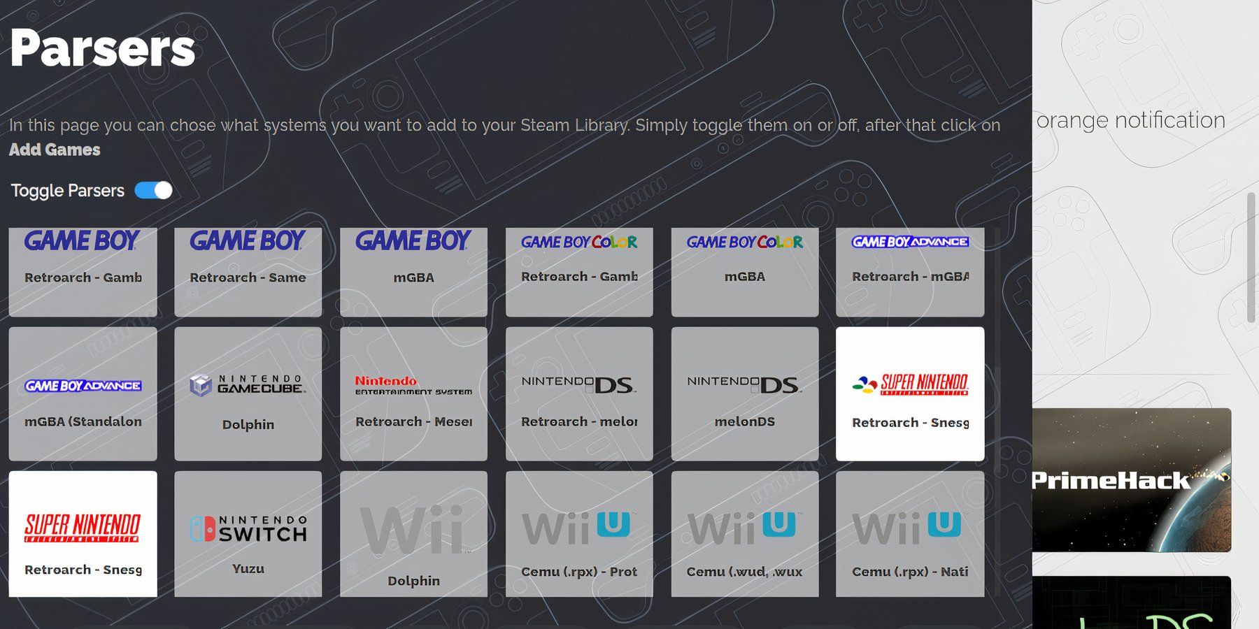 Selecting the SNES emulators on the Steam Rom Manager