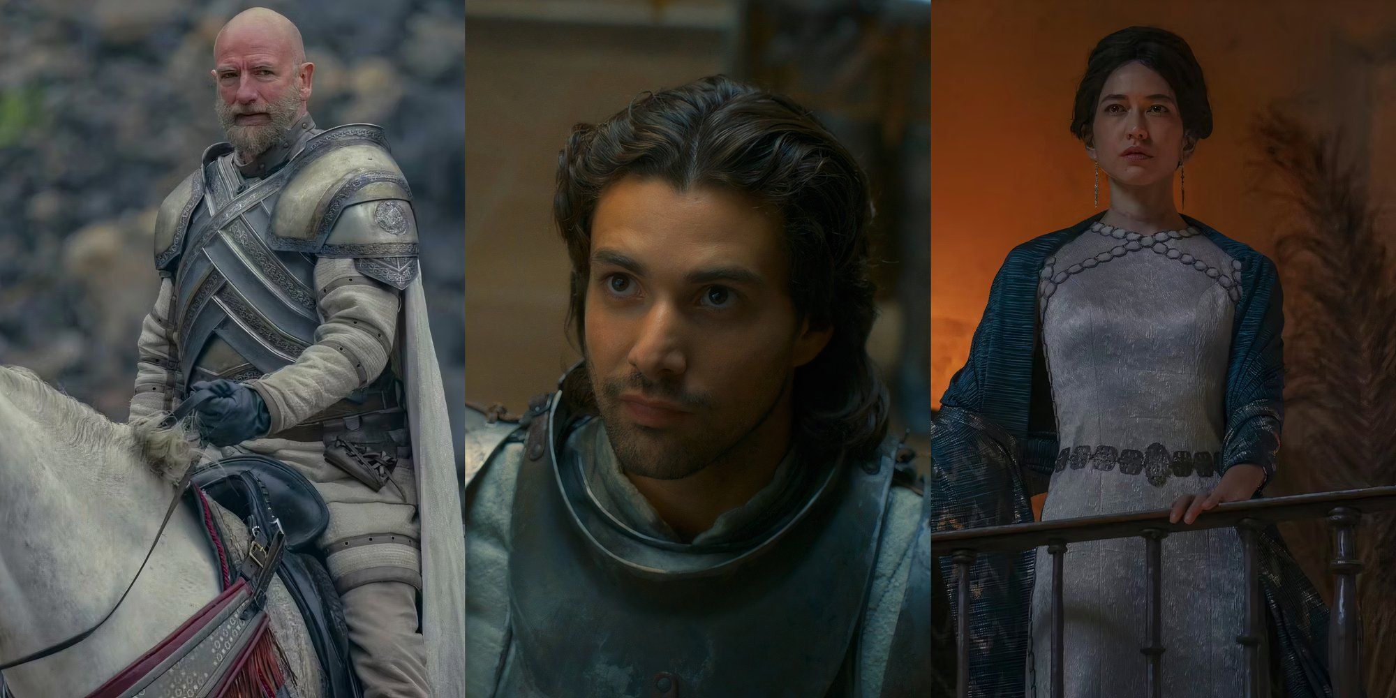 Harrold Westerling riding a horse, Criston Cole being selected by Rhaenyra Targaryen, and Mysaria in House of the Dragon