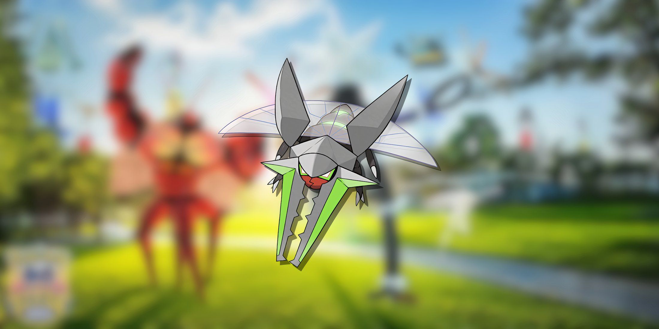 Image of shiny vikavolt in the foreground from Pokemon GO