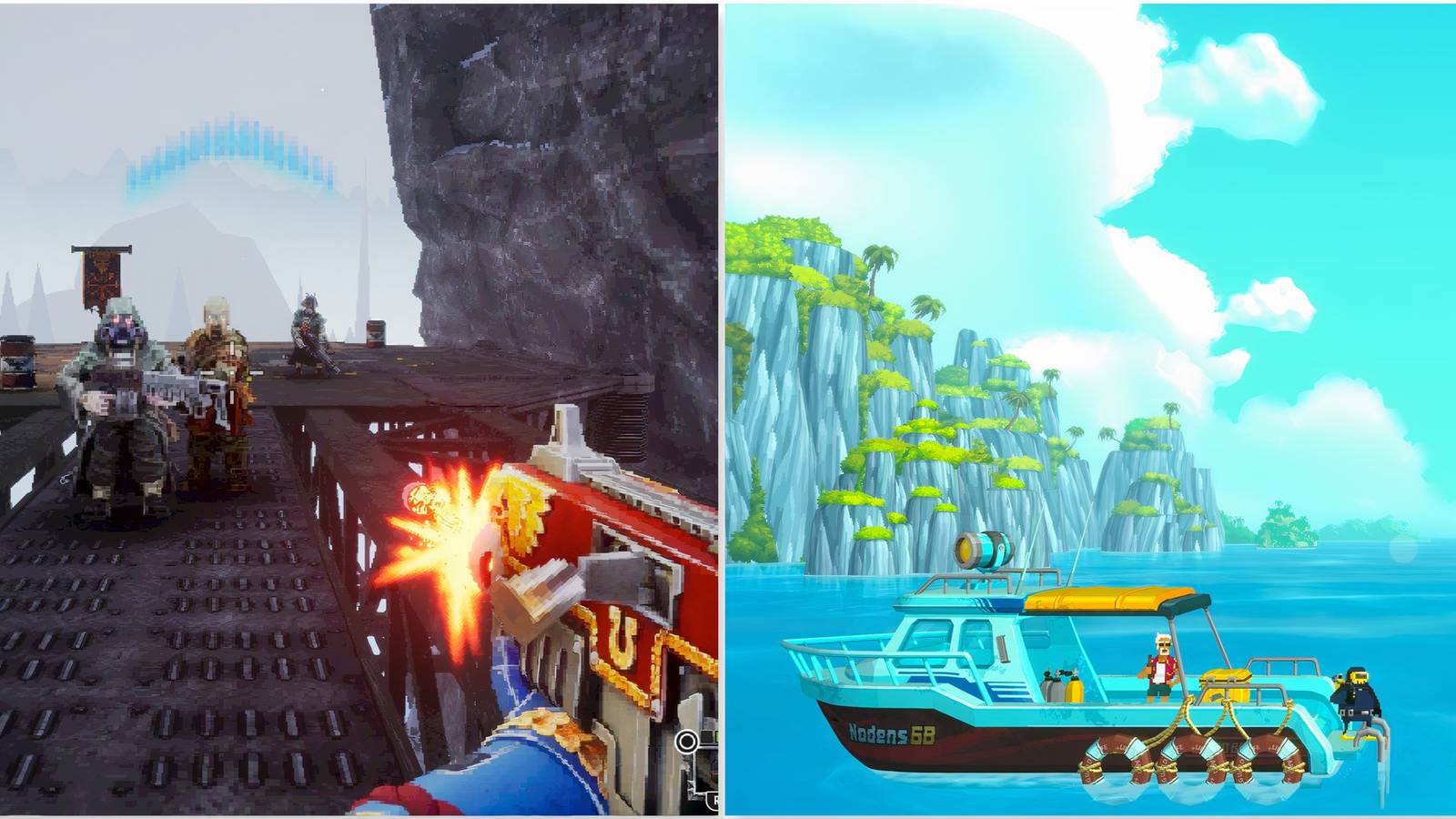 Shooting enemies in Warhammer 40,000 Boltgun and Prepping the boat in Dave The Diver