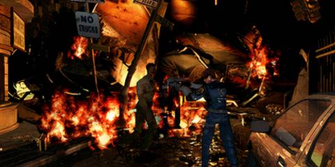 Shooting zombies as Leon in Resident Evil 2