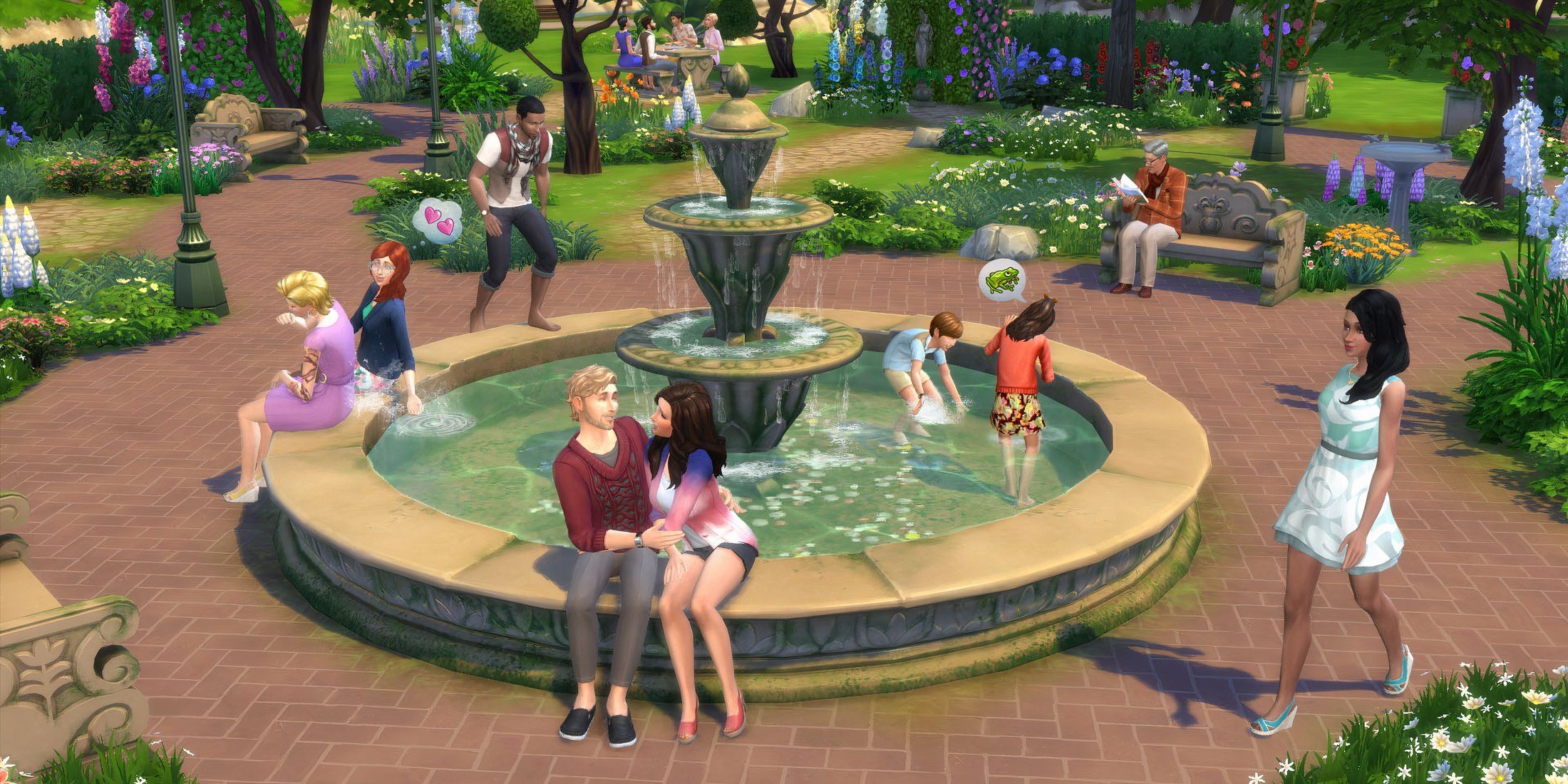 Sims 4 characters on dates around a fountain