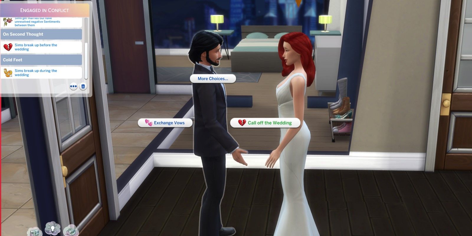 The Sims 4 character is given the choice to call off the wedding during the ceremony to complete the Engaged In Conflict scenario.