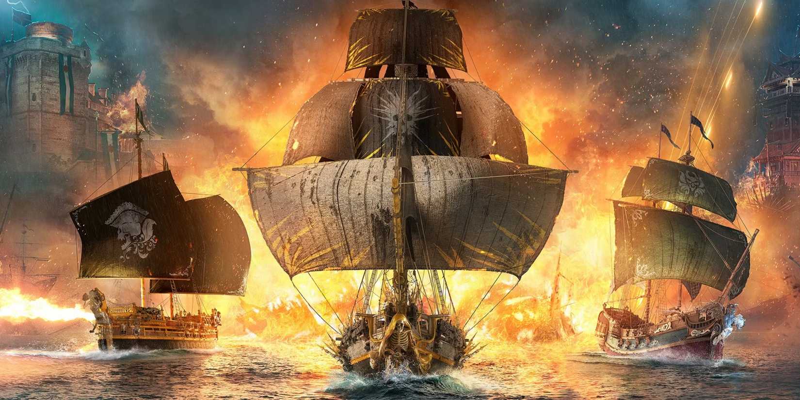 Three pirate ships sailing away from an explosion in Skull and Bones