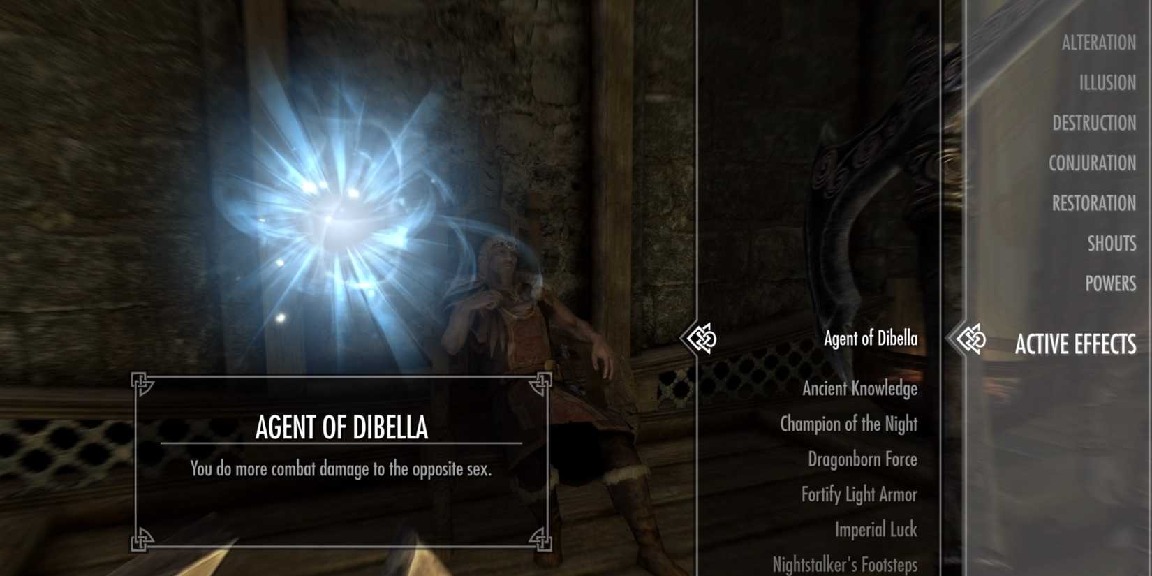 Agent of Dibella active effect menu in Skyrim