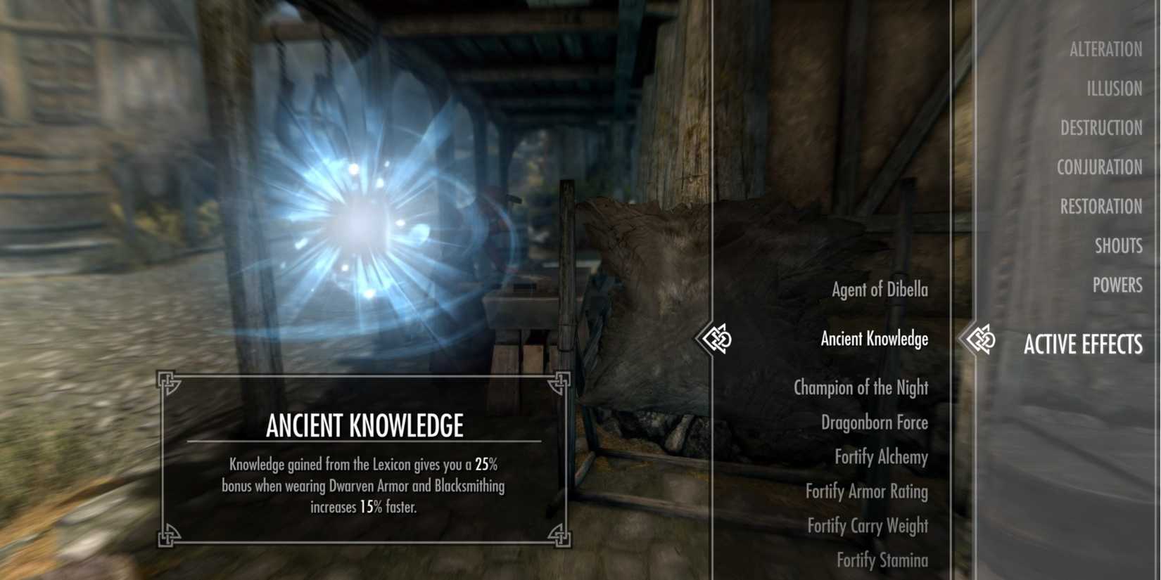 Ancient Knowledge active effect menu in Skyrim 